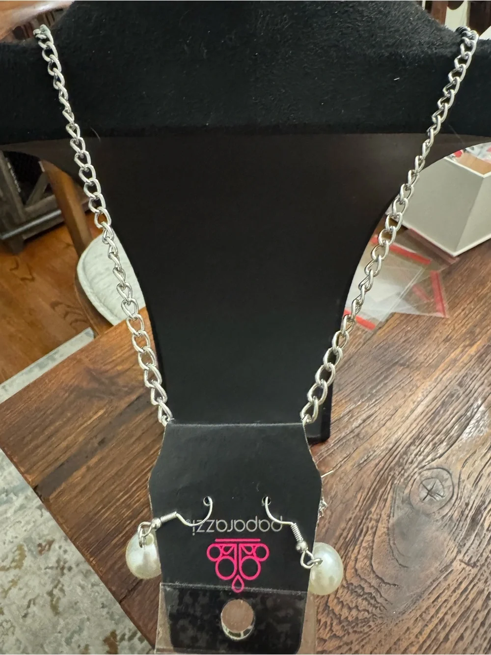 Paparazzi Layered Silver Tone Chain Faux Pearl Necklace & Earrings Set